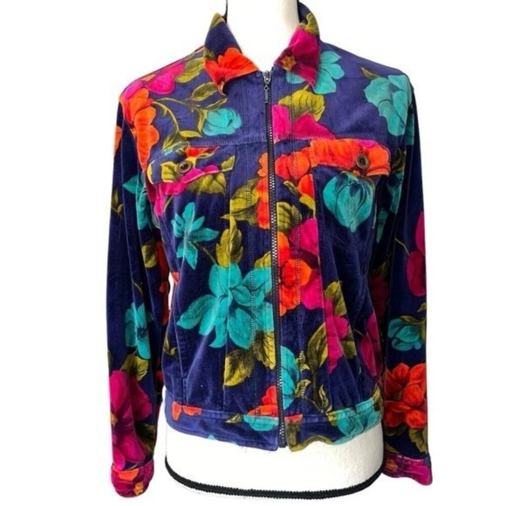 Floral Velvet Vibrant Colors Full-Zip Jacket Buttoned Pockets Vintage Sz Small